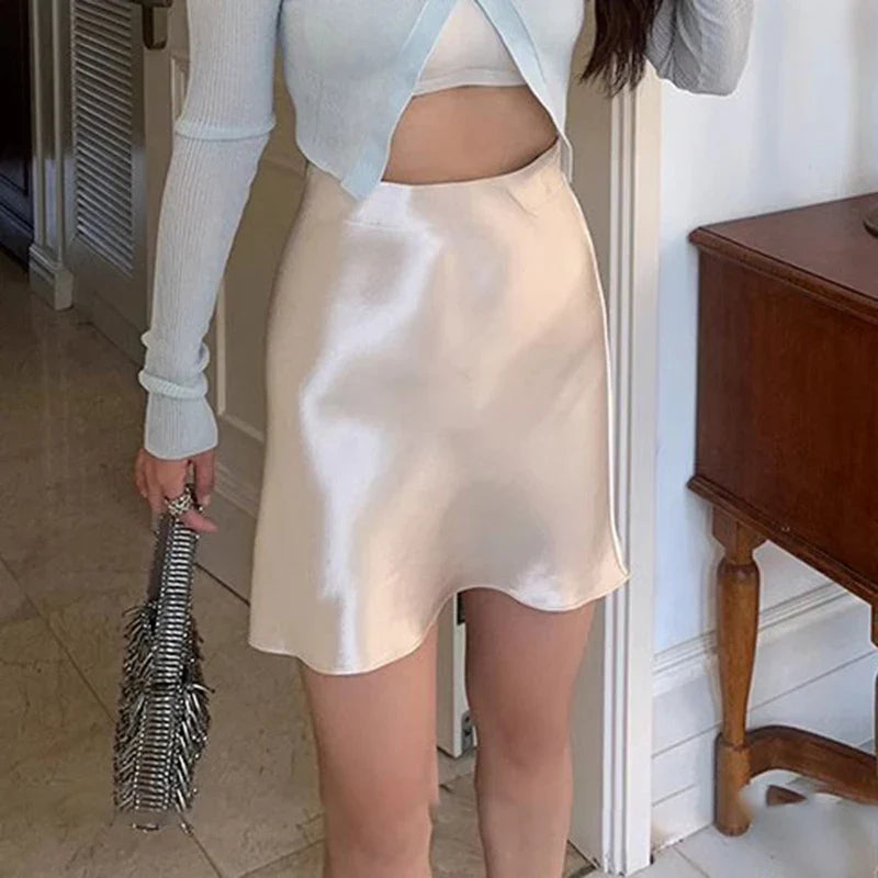 2026 Summer Lady High Waist Thin Acetate Satin Skirts Lady Solid Color A-line Dresses Girls Chic Korean Fashion Skirts