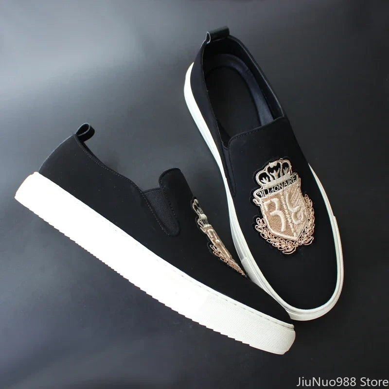 Sapatênis Masculino Novo Casual Preto Camurça Couro Festa Luxo Bordado Sapatilha Mocassim Slip-On