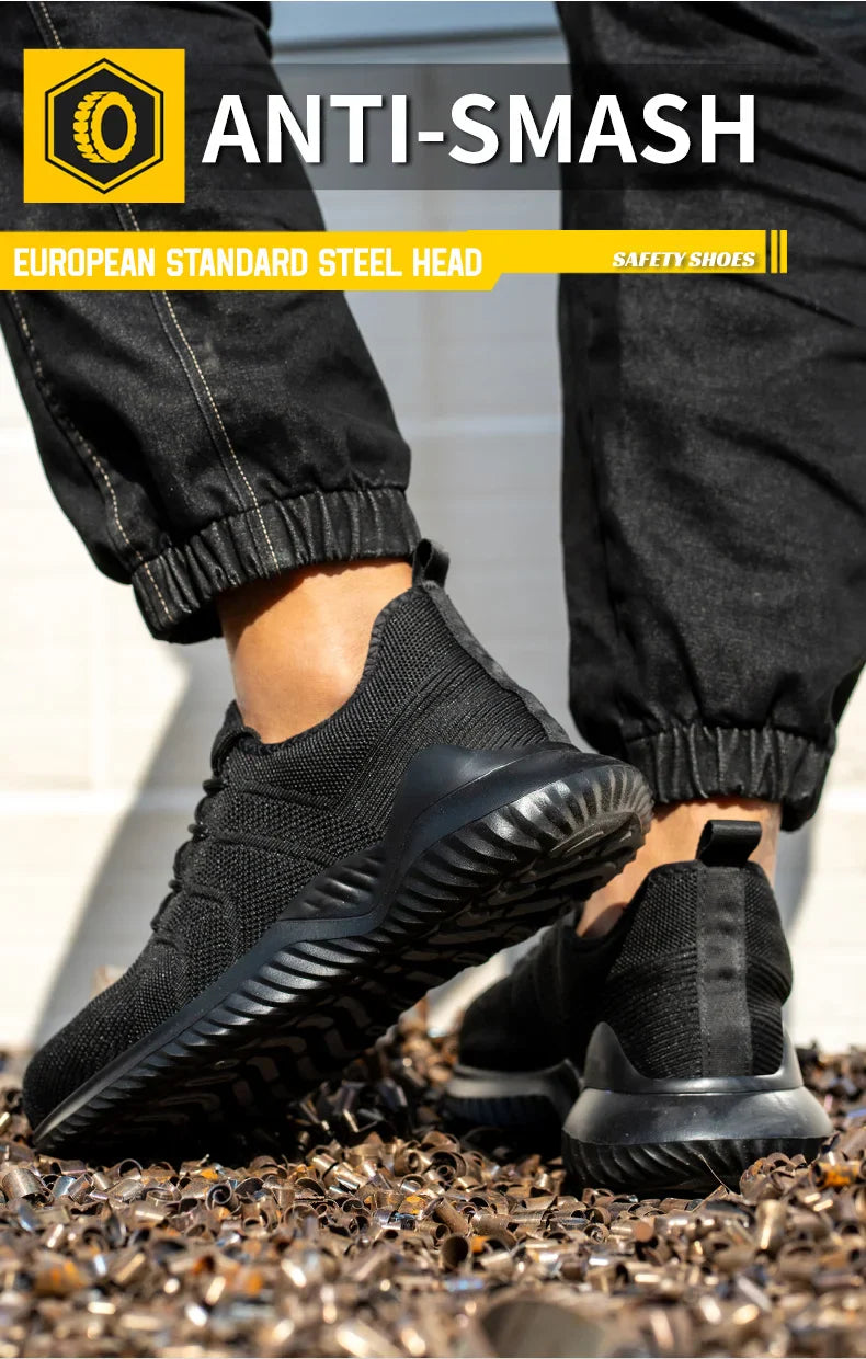 Men‘s Safety Shoes with Steel Toe Puncture Proof Anti-smash Work Sneakers Lightweight Breathable Black Sneakers for Construction