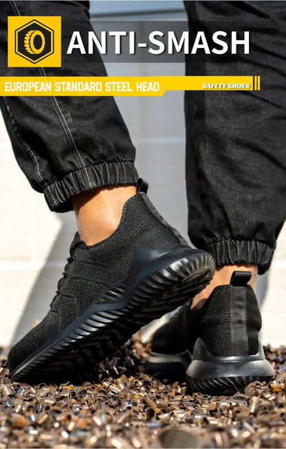 Men‘s Safety Shoes with Steel Toe Puncture Proof Anti-smash Work Sneakers Lightweight Breathable Black Sneakers for Construction