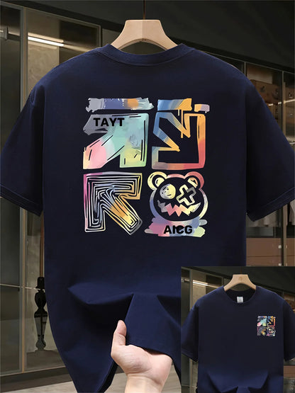 100% cotton men's casual loose T-shirt fashionable trendy brand pattern printed breathable round neck short sleeved top