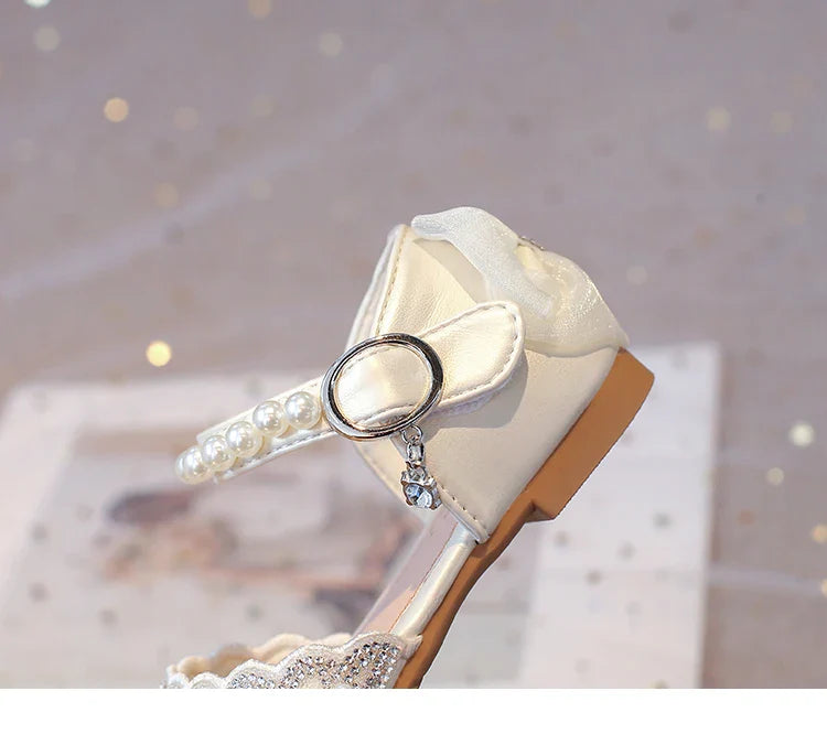 2025Summer Girls Sandals With Heel Fashion Rhinestone Shiny Glitter Shoes Children Princess Bowtie Pearl Dancing Shoes