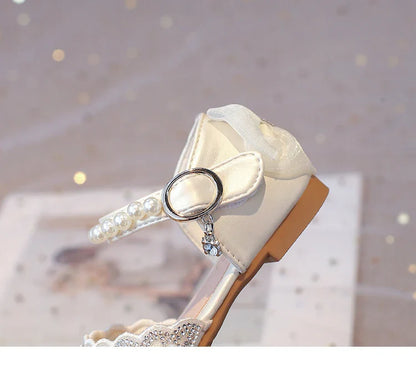 2025Summer Girls Sandals With Heel Fashion Rhinestone Shiny Glitter Shoes Children Princess Bowtie Pearl Dancing Shoes