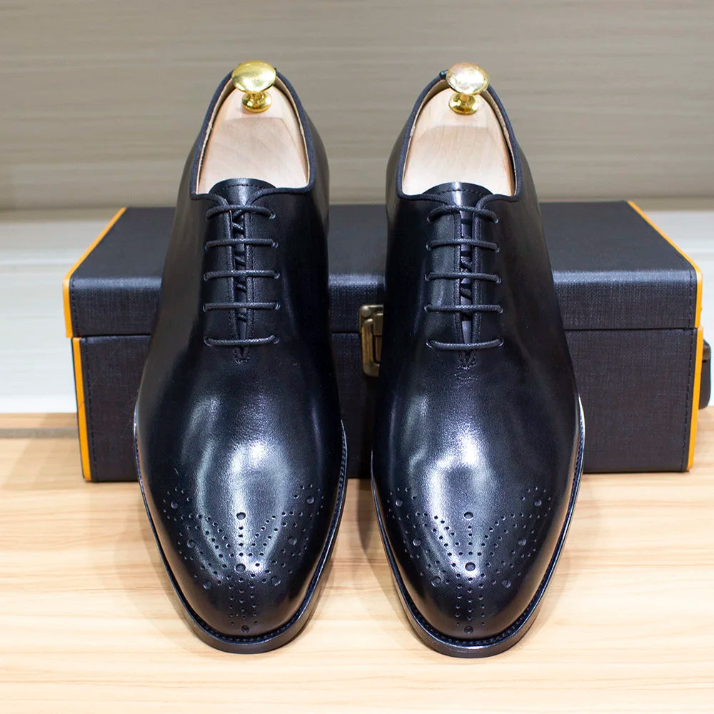 Genuine Leather Mens Formal Shoes Handmade Classic Whole Cut Oxfords Business Lace-up Plain Toe Wedding Dress Shoes for Men