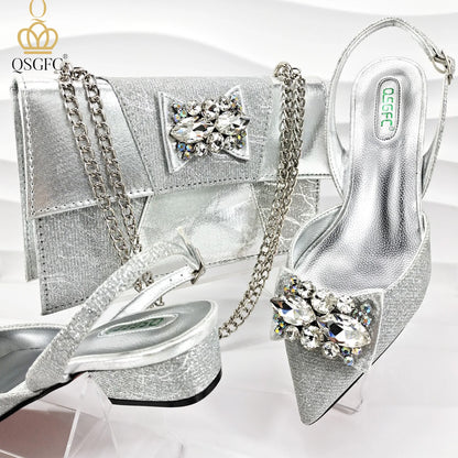 Italian Design Elegant Evening Shoes And Bag Set African Crystal Comfortable Shoes And Capacity Bag Commuter Women's Shoes