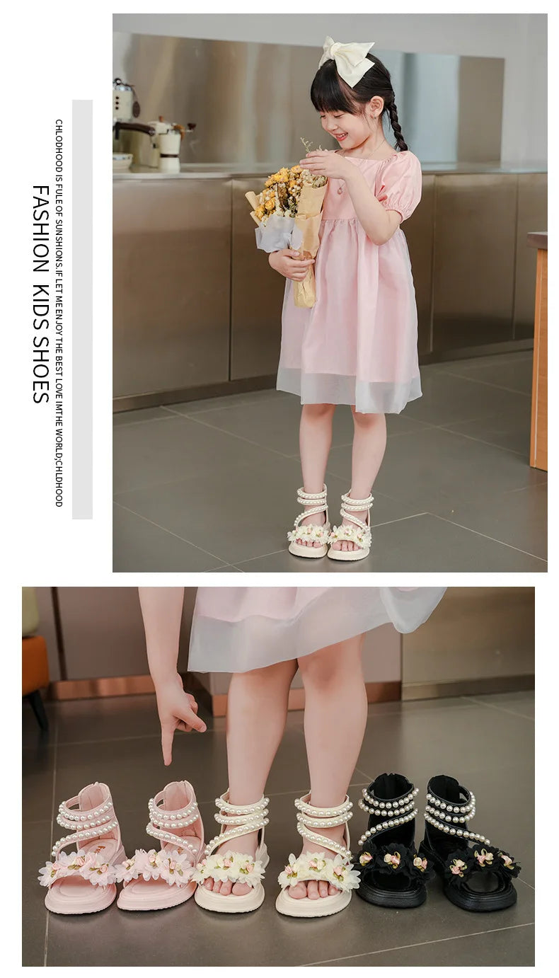 Children's Sandals for Girls Elegant Sandals Pearl Beading Sweet Princess Dress Shoes Kids High-top Roman Sandals Back Zipper