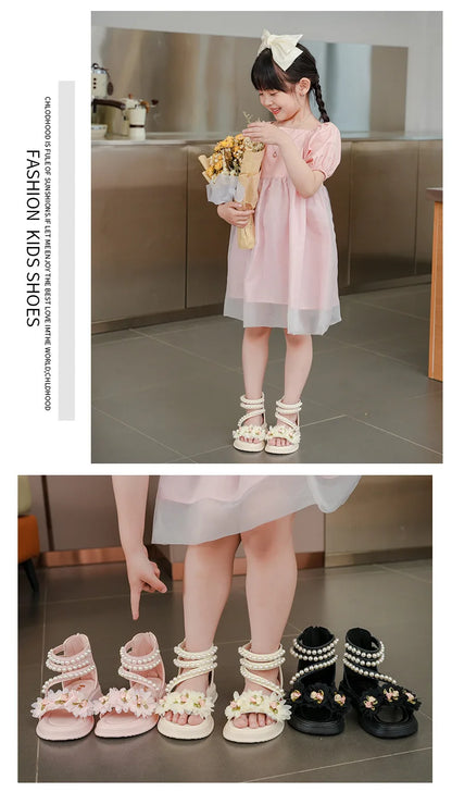 Children's Sandals for Girls Elegant Sandals Pearl Beading Sweet Princess Dress Shoes Kids High-top Roman Sandals Back Zipper