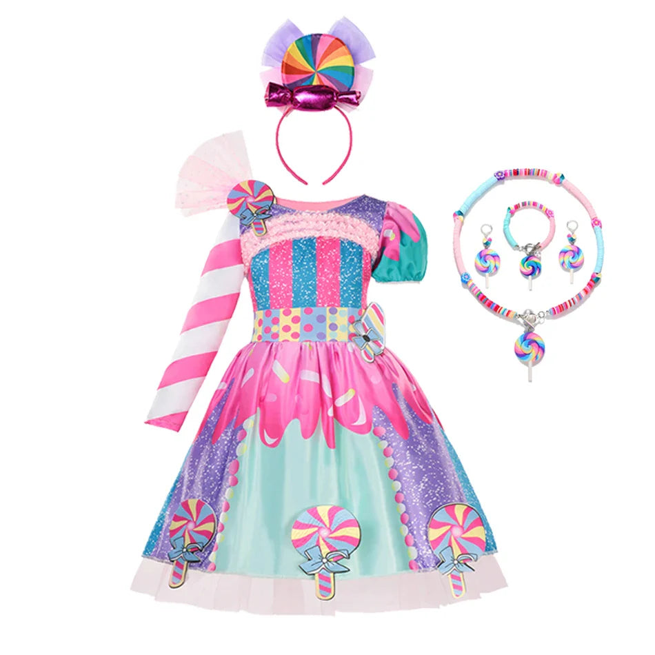 Girls Candy Fairy Lollipop Cosplay Costume Toddler Carnival Purim Rainbow Vestidos Girls Birthday Party Long Short Sleeves Dress
