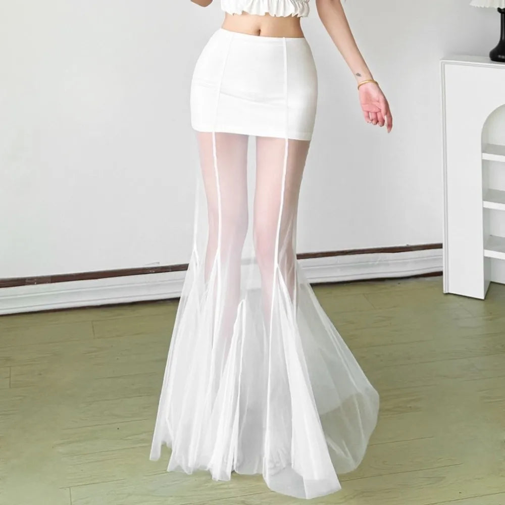 Mesh Patchwork Long Skirt Woman Summer Trend Elastic Waist Skinny Peach Hip Hot Girls Street Elegant Fashion Style Bottom