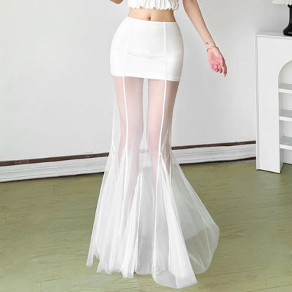 Mesh Patchwork Long Skirt Woman Summer Trend Elastic Waist Skinny Peach Hip Hot Girls Street Elegant Fashion Style Bottom