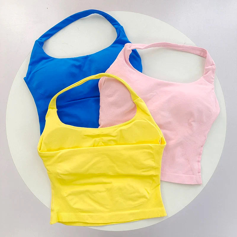 2 Pieces Sports Set Women Backless Halter Tops High Waist Seamless Hight Stretch Shorts Gym Suit Sportswear Workout Sets