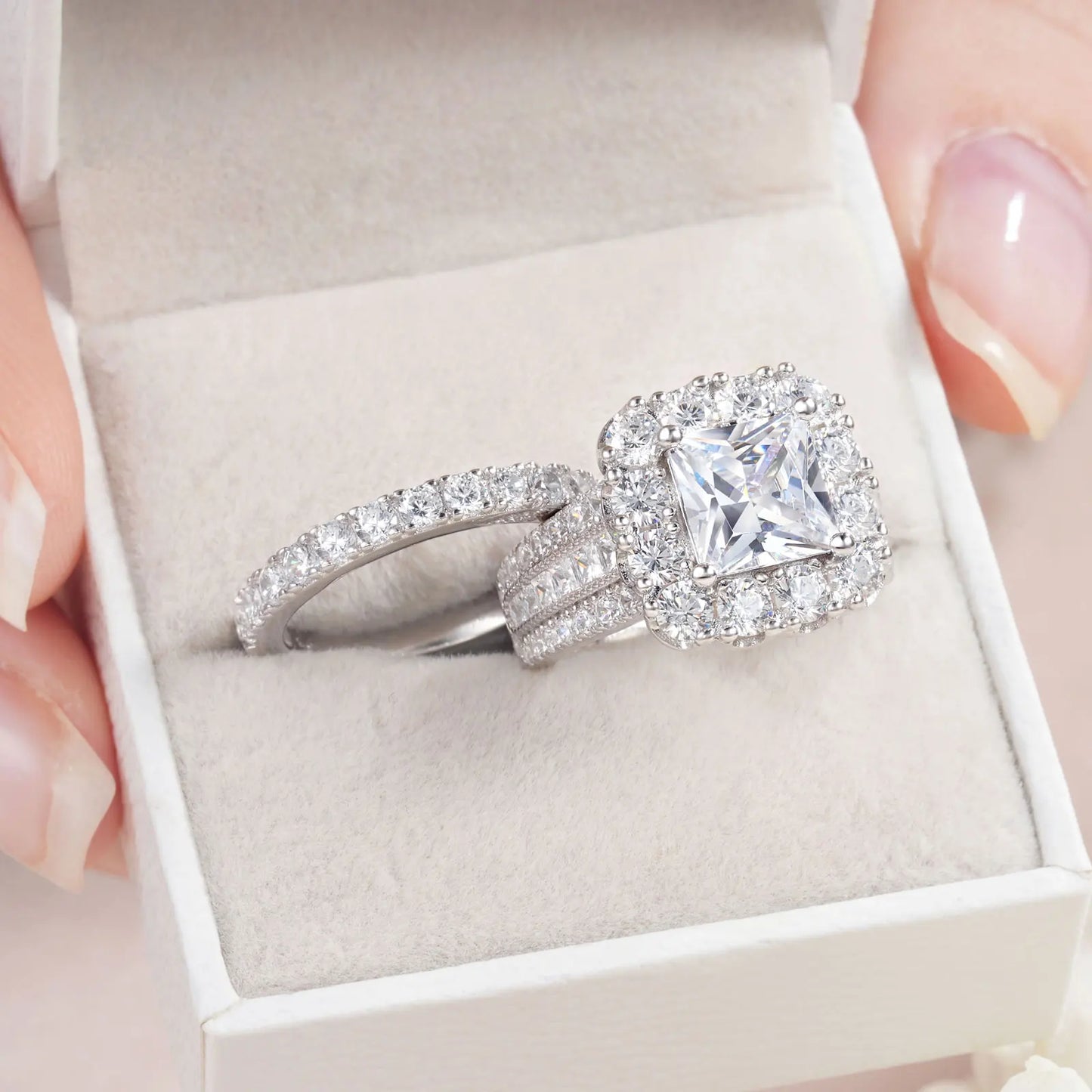 2Pcs 925 Silver Wedding Rings Set for Women Halo Princess Cut White Cubic Zircon Vintage Luxury Jewelry Engagement Ring