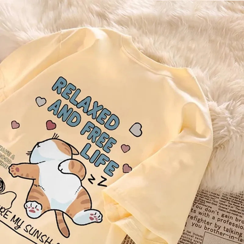 Cute Cartoon Lazy Cat Letter Print Summer Couple Short Sleeved T-shirt Loose Casual Women's Top