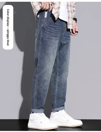 Retro American Style Men's Jeans Loose Fit Heavy Casual Slim Leg Cotton Pants Elastic Waist Korean Denim Jeans for Spring Autumn