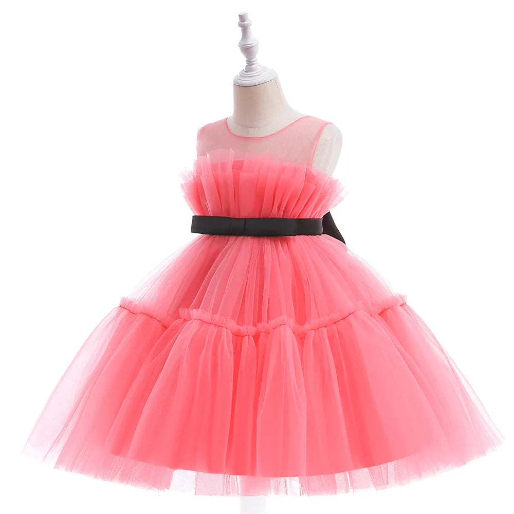 Summer Ruffles Bridesmaids Party Girls Dress Elegant Bow Wedding Birthday Princess Dresses Girl Tulle Pageant Evening Costumes
