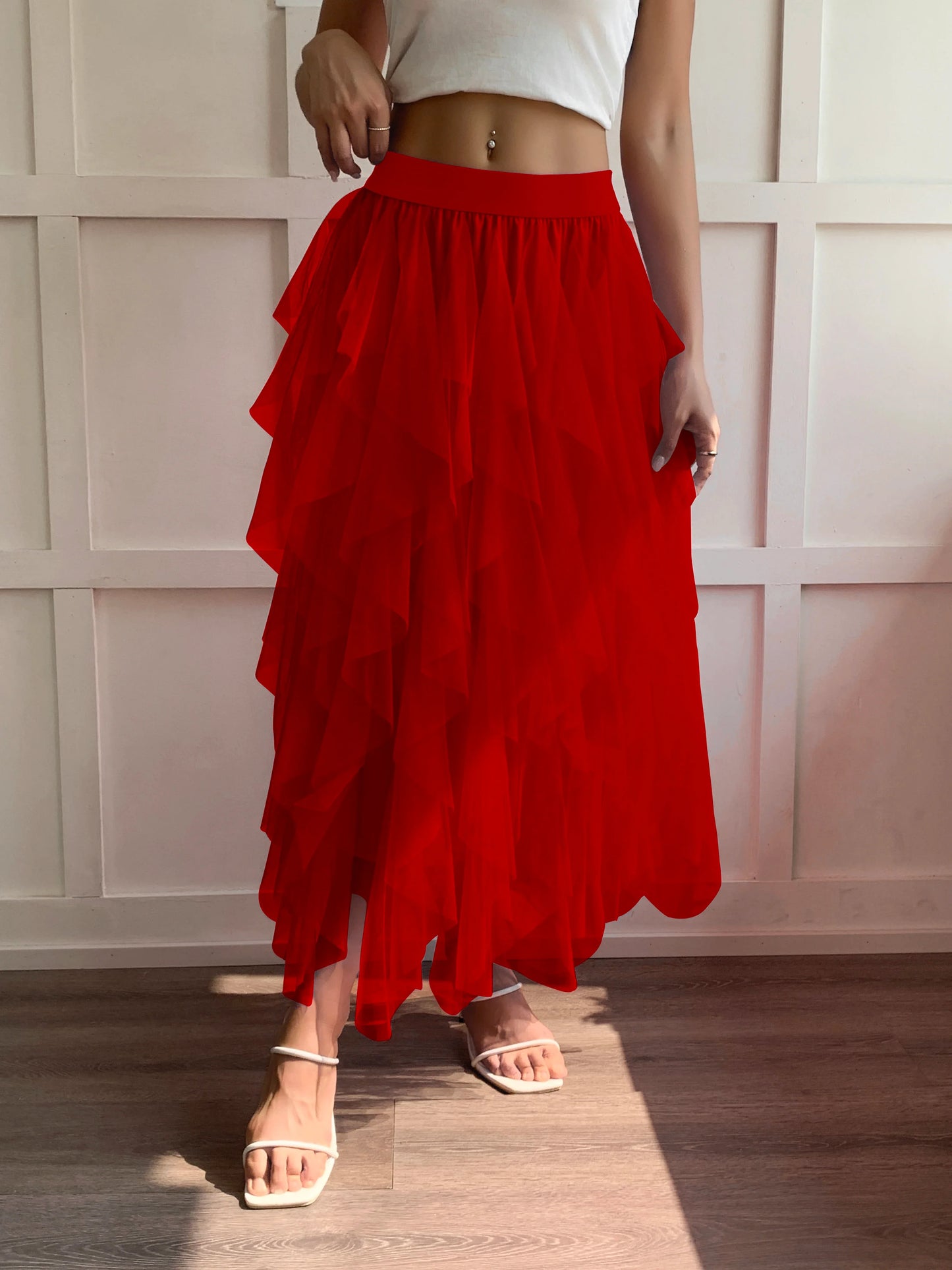 Medium waist chiffon long skirt for women, irregular layered pleated edge layered cake skirt, elegant fairy A-line skirt