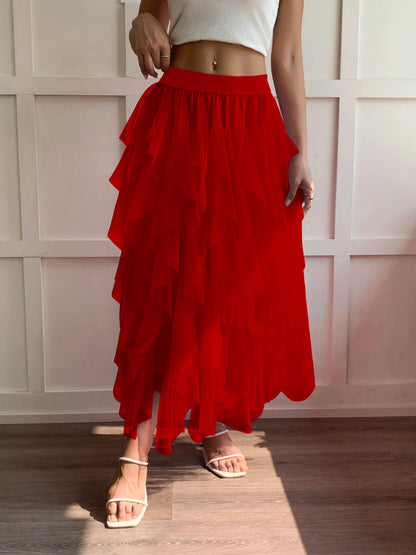 Medium waist chiffon long skirt for women, irregular layered pleated edge layered cake skirt, elegant fairy A-line skirt