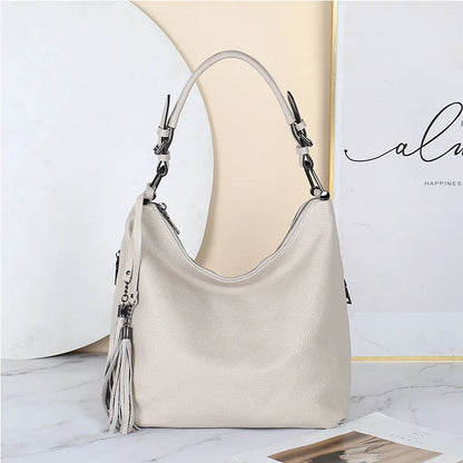 Fashion Tassel Women Shoulder Bag 100% Genuine Leather Daily Shopping Hobos Classic Large Red Tote Handbag Crossbody Bag