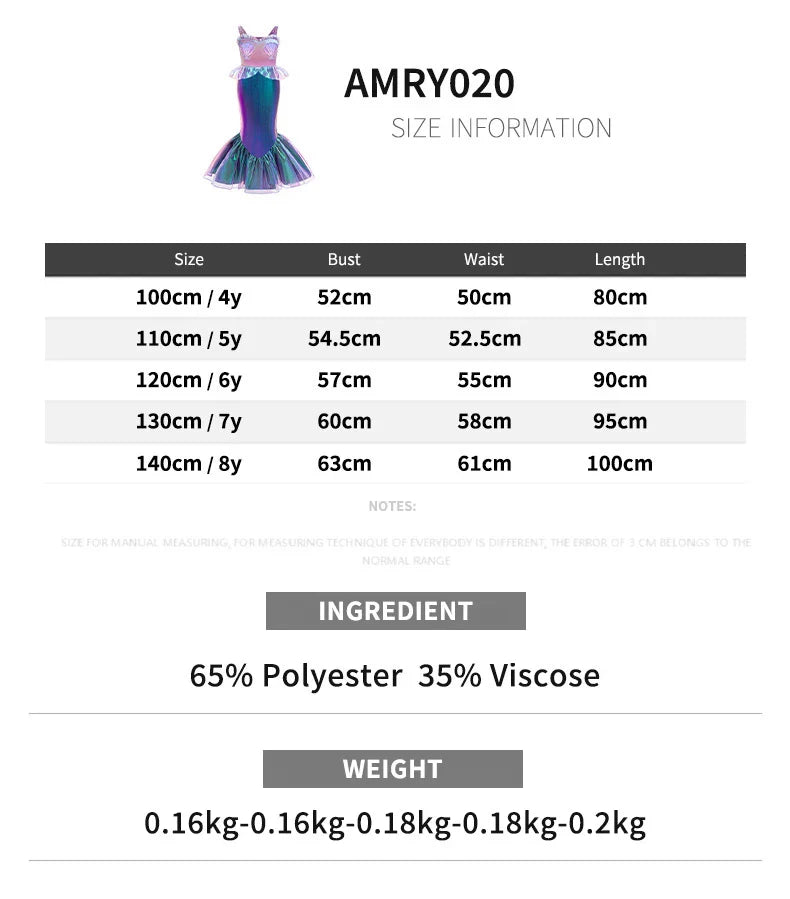 Summer Little Mermaid Ariel Girl Dress Cosplay Carnival Halloween Costumes Birthday Party Princess Dress for Girls Mermaids Gown