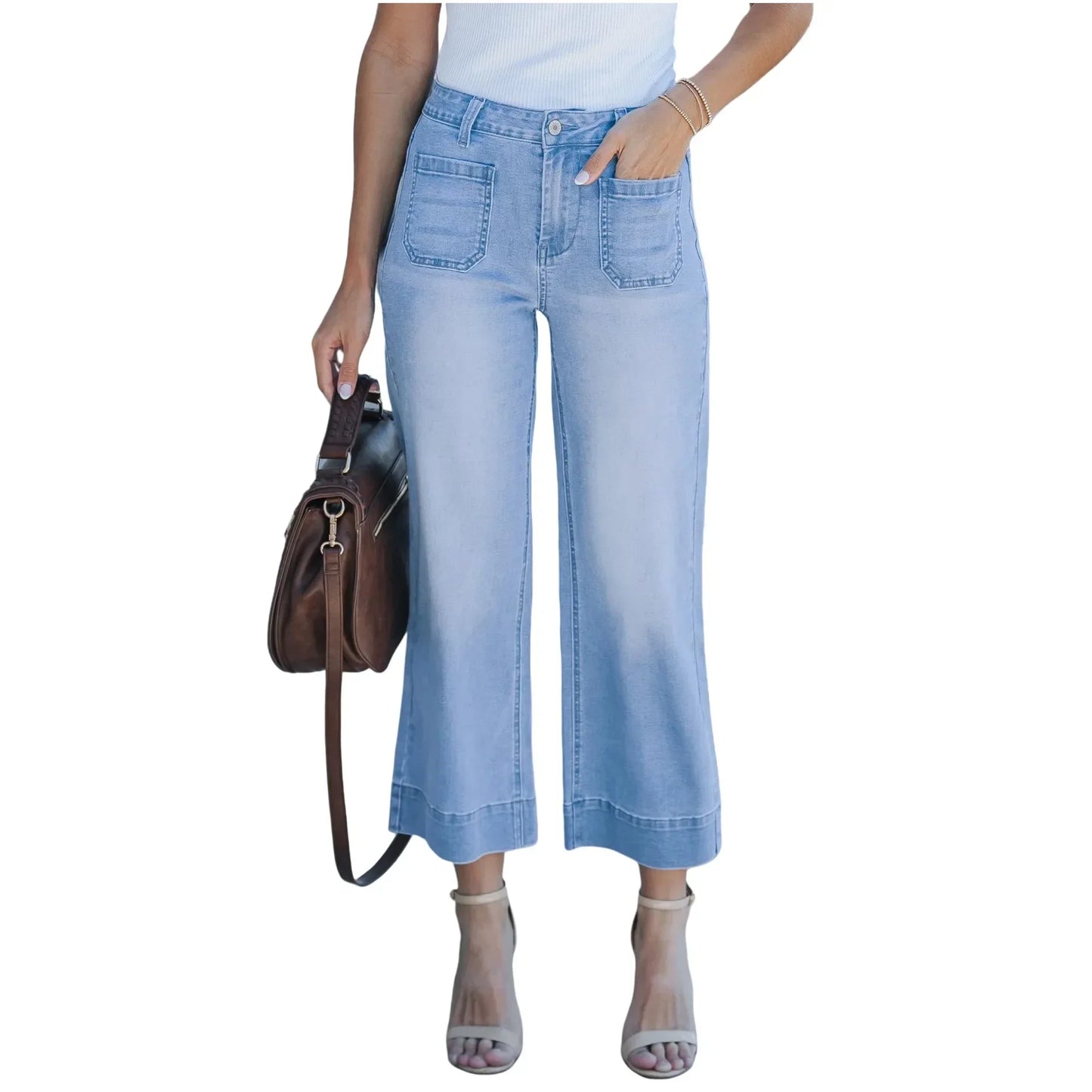 Fashionable Casual Straight Leg Jeans Washed Denim Nine-Piece