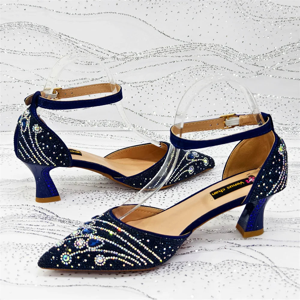 2025 Elegant Rhinestone Pointed Toe Pumps With Matching Bag Set Large Size shoes Big Bag for Women's Party High Heels