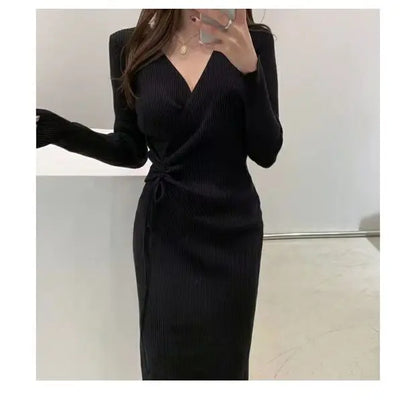 V-ne Knitted Wrap Waist Slimming Mid-length A-line Dr Women's Sweater Dr Korean Sle High Waist Long Sve