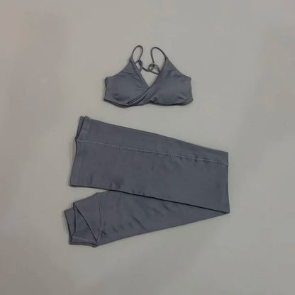 2Pcs Sports Set Women Seamless Front Tie Crossover Bra Crossover Waist Flare Leggings Sets Gym Fitness Workout Sports Sets