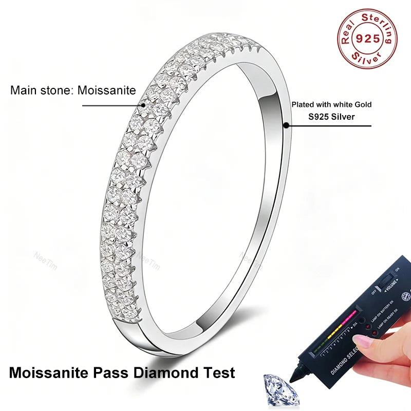 Full Moissanite Ring 925 Sterling Sliver with White Gold Plated  Eternity Band for Woman Party Sparkling Rings Jewely