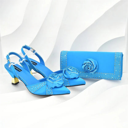 Luxury Italian Shoes and Bag Set for Women Pointed Toe High Heels Party Dress Female Pumps Decorated with Handmade Flowers