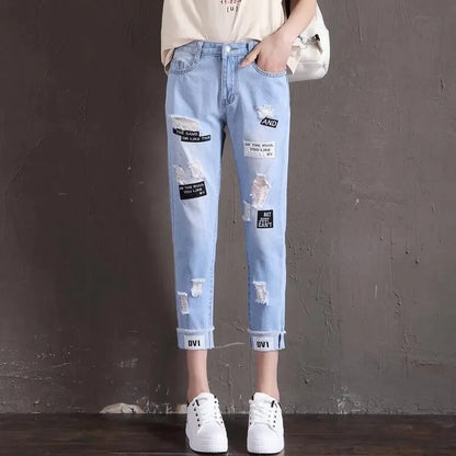 Spring Summer 2025 New Women Denim pants Thin Retro patch Embroidery Elastic waist Hole Contrast Loose Jeans pants Female