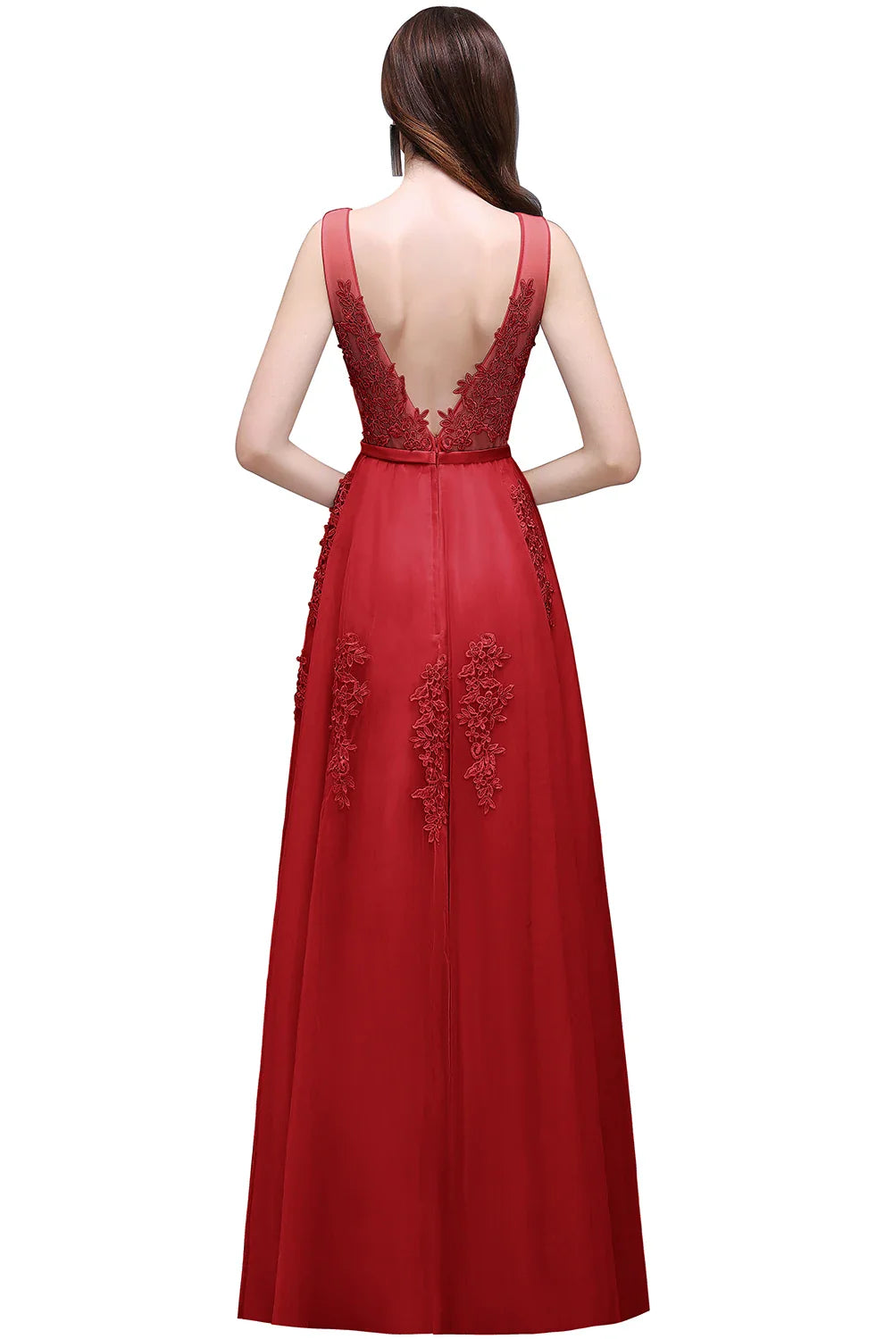 A-line V-neck Tulle Sleeveless Zipper Up Long Prom Applique V Neck Evening Gowns Formal Elegant And Pretty Women's Dresses