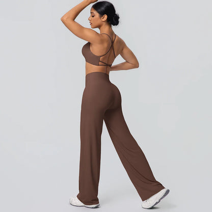 Women Gym Sports Yoga Suit Sexy Beautiful Back Yoga Underwear With Chest Pad Solid Color High Waisted Wide Leg Pants Yoga Set