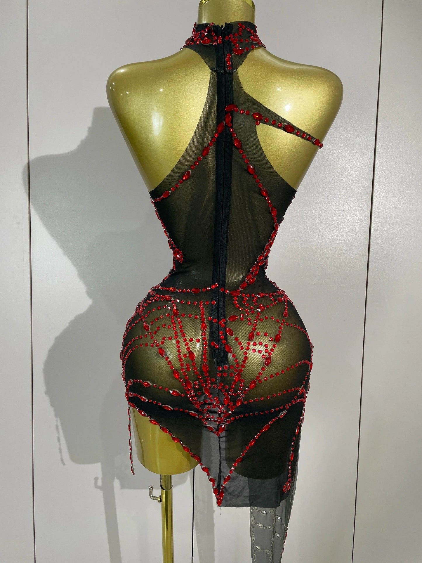 Sparkly Diamond Sexy Mesh Asymmetric Bodycon Mini Dress Women Nightclub Bar Party Show Gogo Dancer Clothing Stage Costume