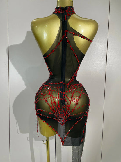 Sparkly Diamond Sexy Mesh Asymmetric Bodycon Mini Dress Women Nightclub Bar Party Show Gogo Dancer Clothing Stage Costume