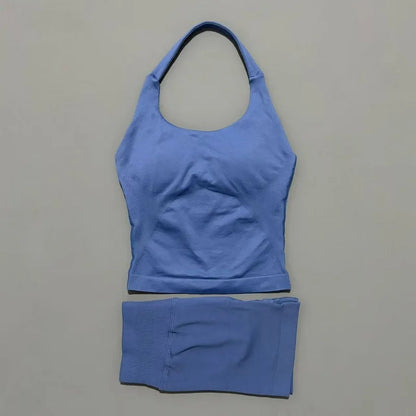Women Seamless Gym Set 2Pcs Halter Neck Sports Crop Top High Waist Scrunch Butt Shorts Workout Fitness Yoga Tracksuit Sportswear
