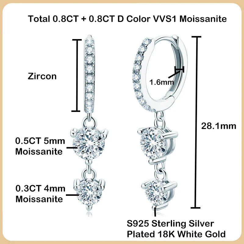 New In 100% Real 0.8 Carat Moissanite Diamond Drop Earrings Women’s S925 Silver Tassel Earring Plated PT950 Fine Jewelry