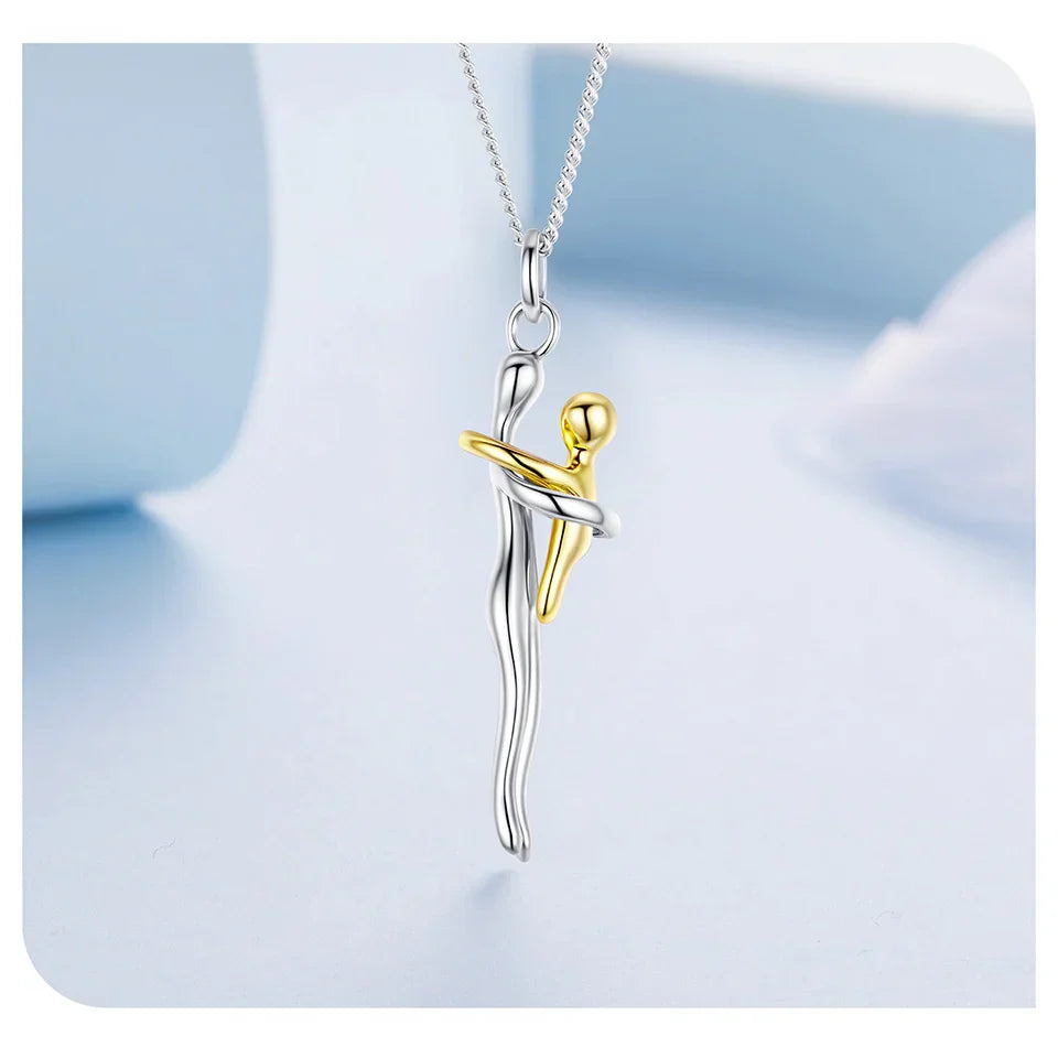 Real 925 Sterling Silver Hug Embrace Pendant Necklace Silver Gold Two-tone Mom & Child Pendant Family Gift  Mom Jewelry