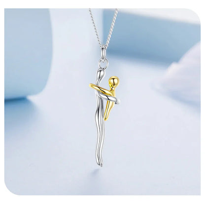 Real 925 Sterling Silver Hug Embrace Pendant Necklace Silver Gold Two-tone Mom & Child Pendant Family Gift  Mom Jewelry