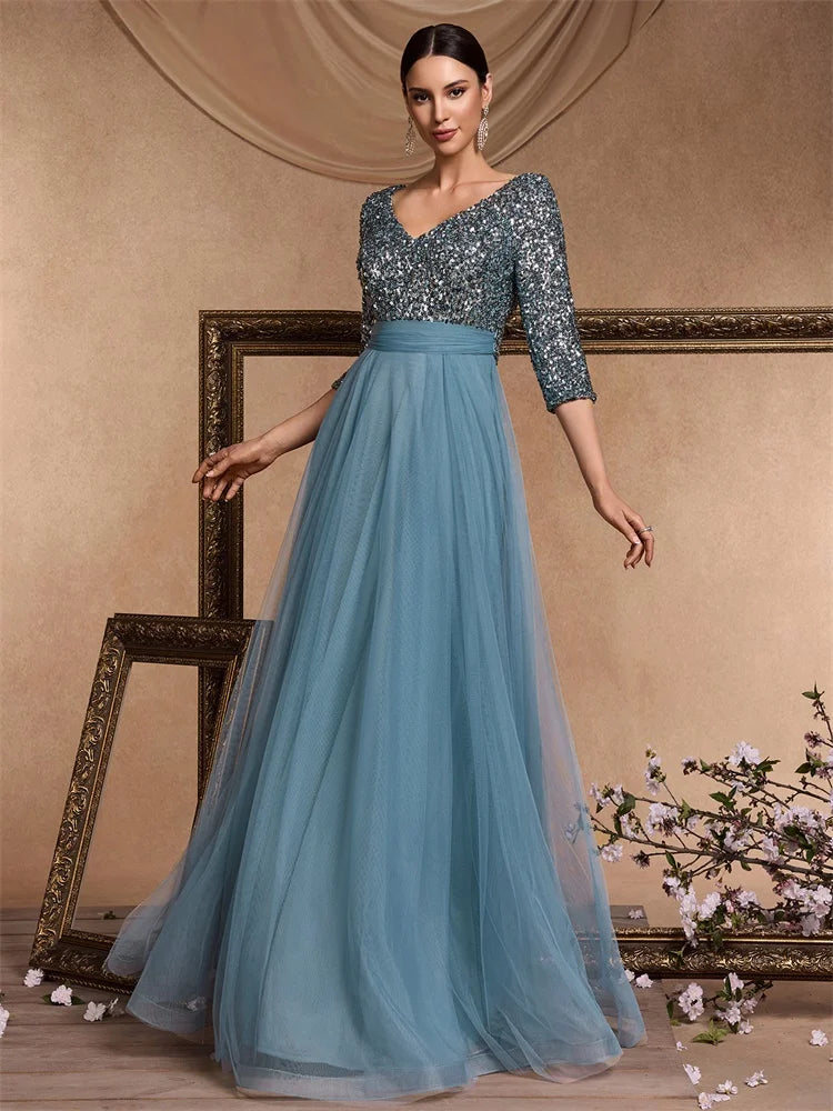 Luxury Floor Length V-Neck Evening Dress 2025 Women Elegant Party Maxi Dress Sequin Short Sleeves Prom Cocktail Gown