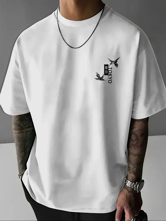 Men's Summer 100% Cotton Casual Fashion Japanese Style Pattern Printed Loose Breathable Round Neck Short Sleeve T-shirt