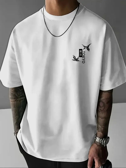 Men's Summer 100% Cotton Casual Fashion Japanese Style Pattern Printed Loose Breathable Round Neck Short Sleeve T-shirt