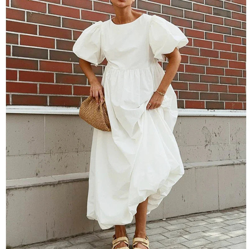2026 Women Summer Puff Sleeve Bohemain White Long Dress High Waist Loose Style Cotton Boho Maxi Dress Vestidos Clothes