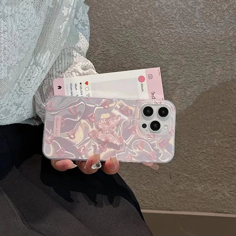 For iPhone 15 Pro 16 Plus 14 Pro Max 13 12 11 X XS XR 7 8 SE Romantic Pink Heart Butterfly Lustre Lining Hard High Phone Case