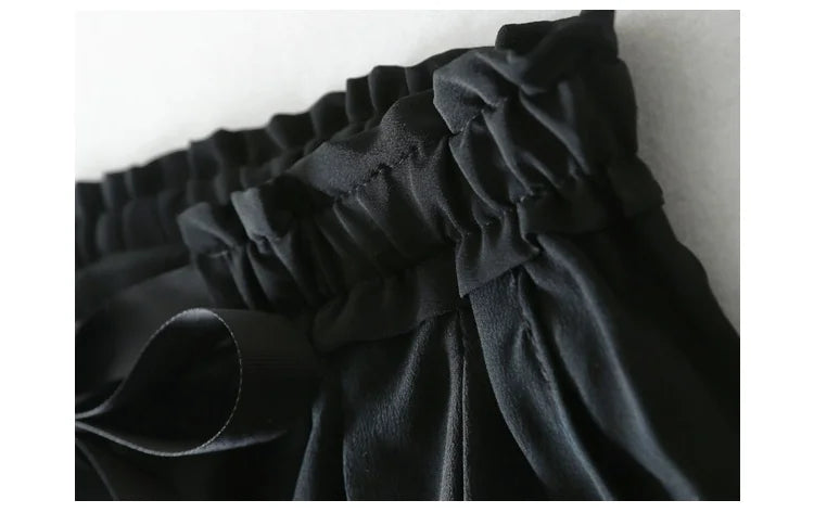 Women Long Pants 100% Mulberry Silk Belted Waist Trousers With Pockets Black Color Office Lady M0609
