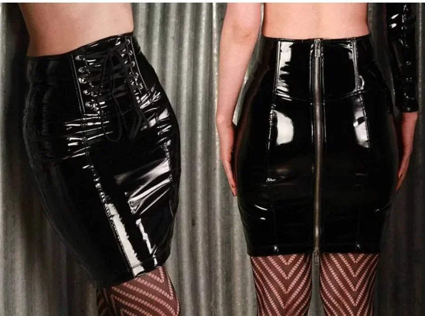 Black Skirts for Women Latex PVC Leather Pencil Mini Skirt Lace Up Zip Shiny Bodycon Skirts Sexy Club Y2k Clothes