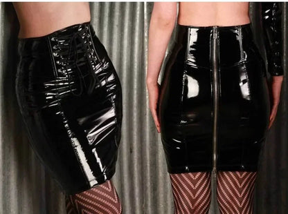 Black Skirts for Women Latex PVC Leather Pencil Mini Skirt Lace Up Zip Shiny Bodycon Skirts Sexy Club Y2k Clothes