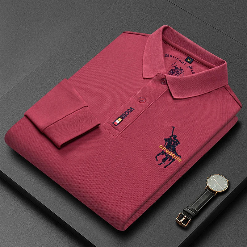 Popular Men's Spring and Autumn Horse Logo Trendy Brand Temperament Fashionable Outdoor Sports Top Long Sleeved Polo Shirt