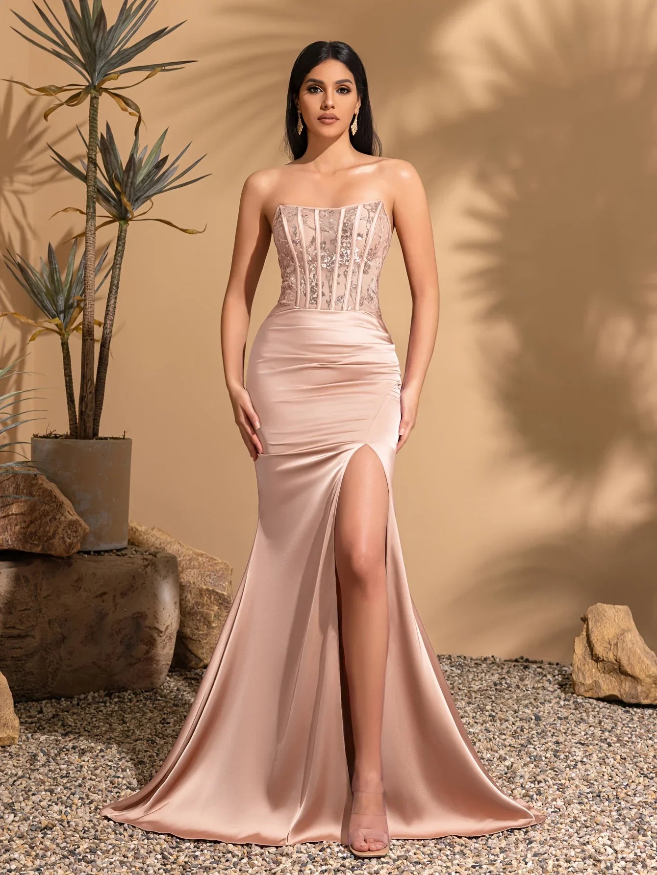 Strapless fishbone decoration pleated slit satin mermaid dress, elegant and chic dress