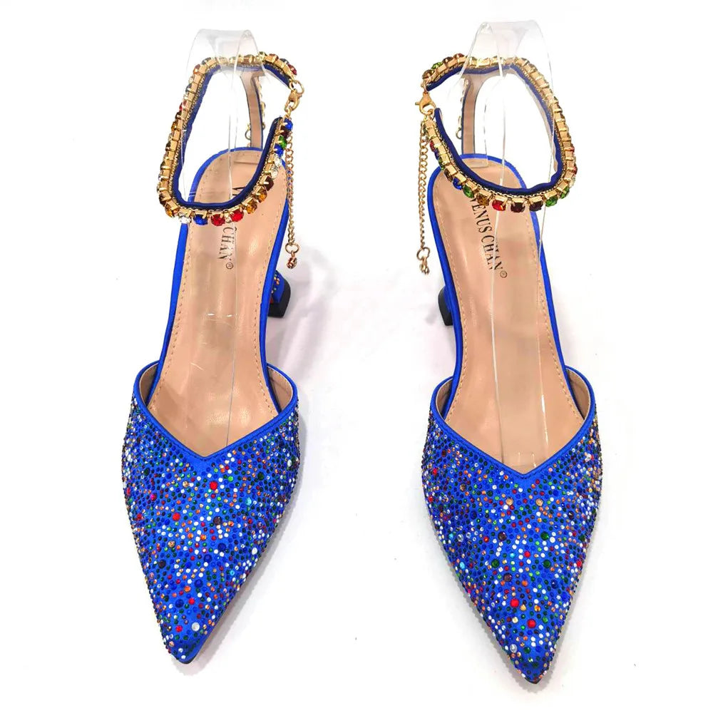 Italian Design Luxury Women's Pointed Shoes And Bag Set Blue Full Diamond Decoration Shoes for Party
