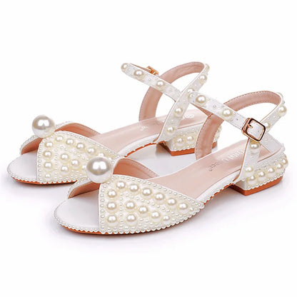 Summer new 2-cm square-heeled silk ribbon pearl rhinestone low-heeled wedding shoes beaded lace-up flat large-size women sandals